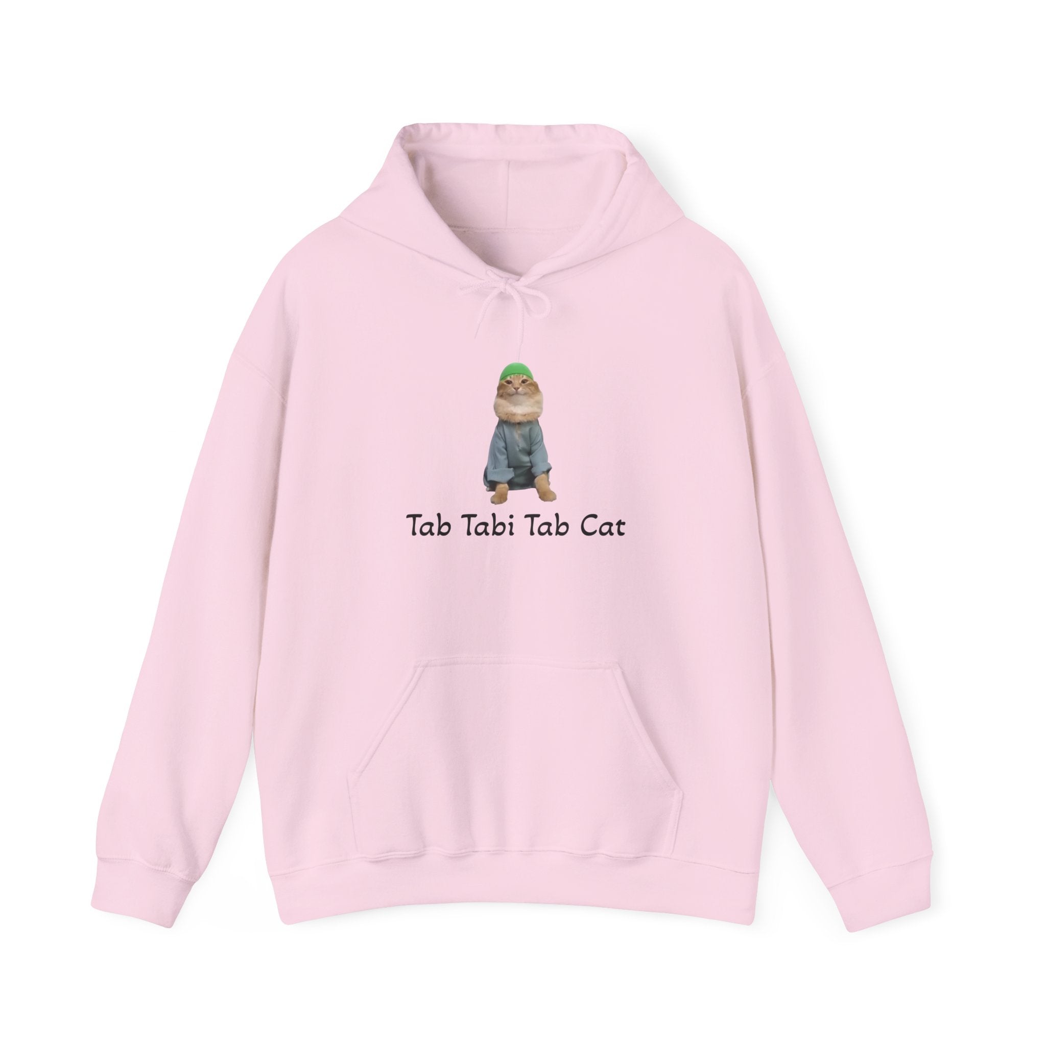 Pink hoodie with a graphic of a cat and text 'Tab Tabi Tab Cat' on a white background