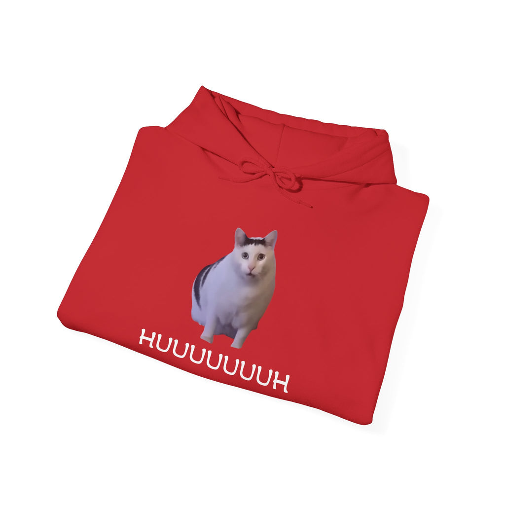 Folded red hoodie with a cat graphic and text on a white background