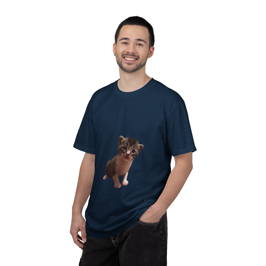 Man wearing a navy blue t-shirt with a graphic of a cat on a white background