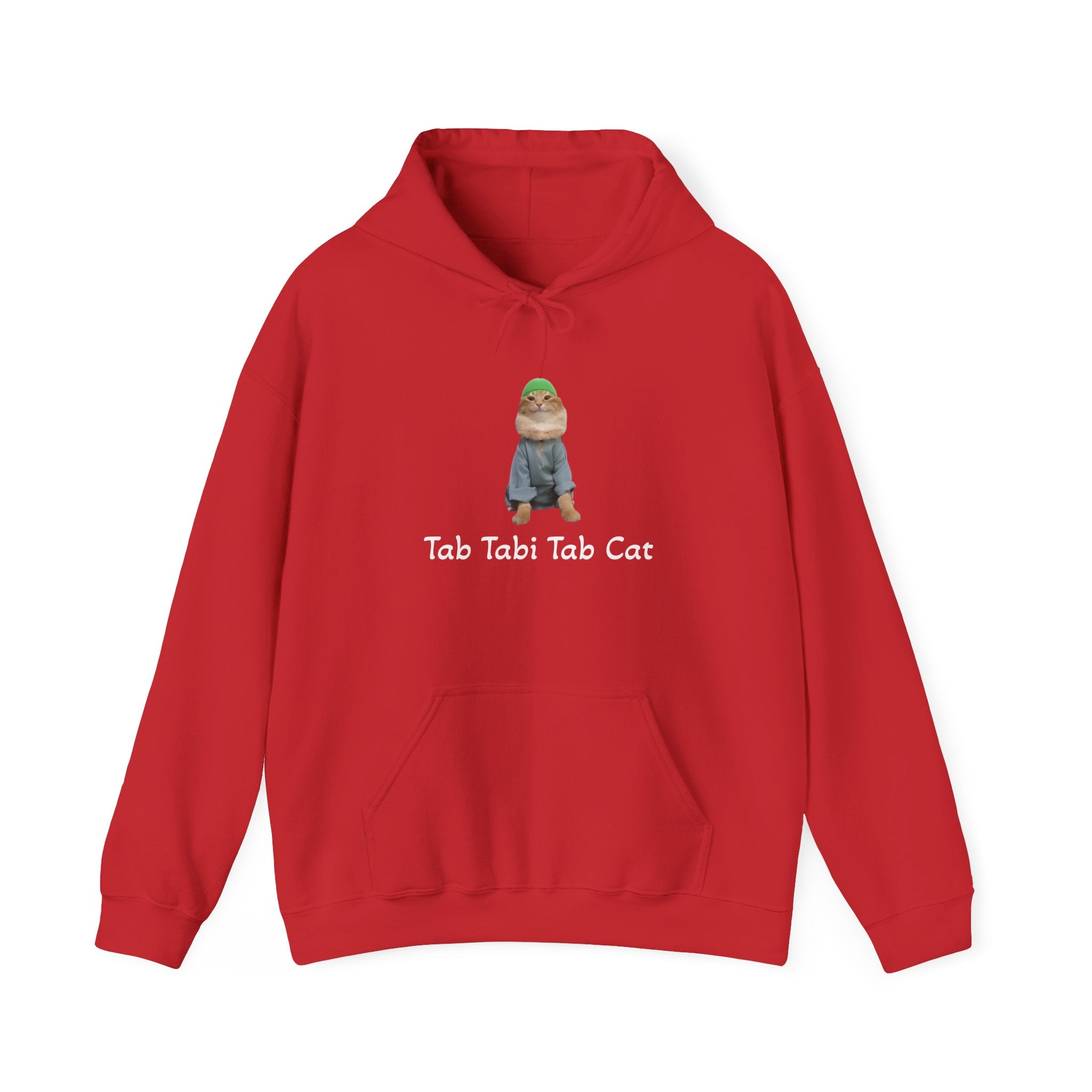 Red hoodie with a graphic of a cat and text 'Tab Tabi Tab Cat' on a white background