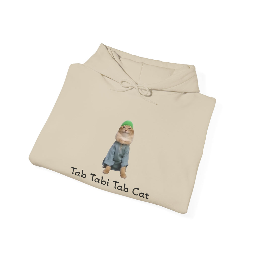 Beige hoodie with a graphic of a cat and text 'Tab Tabi Tab Cat' on a white background