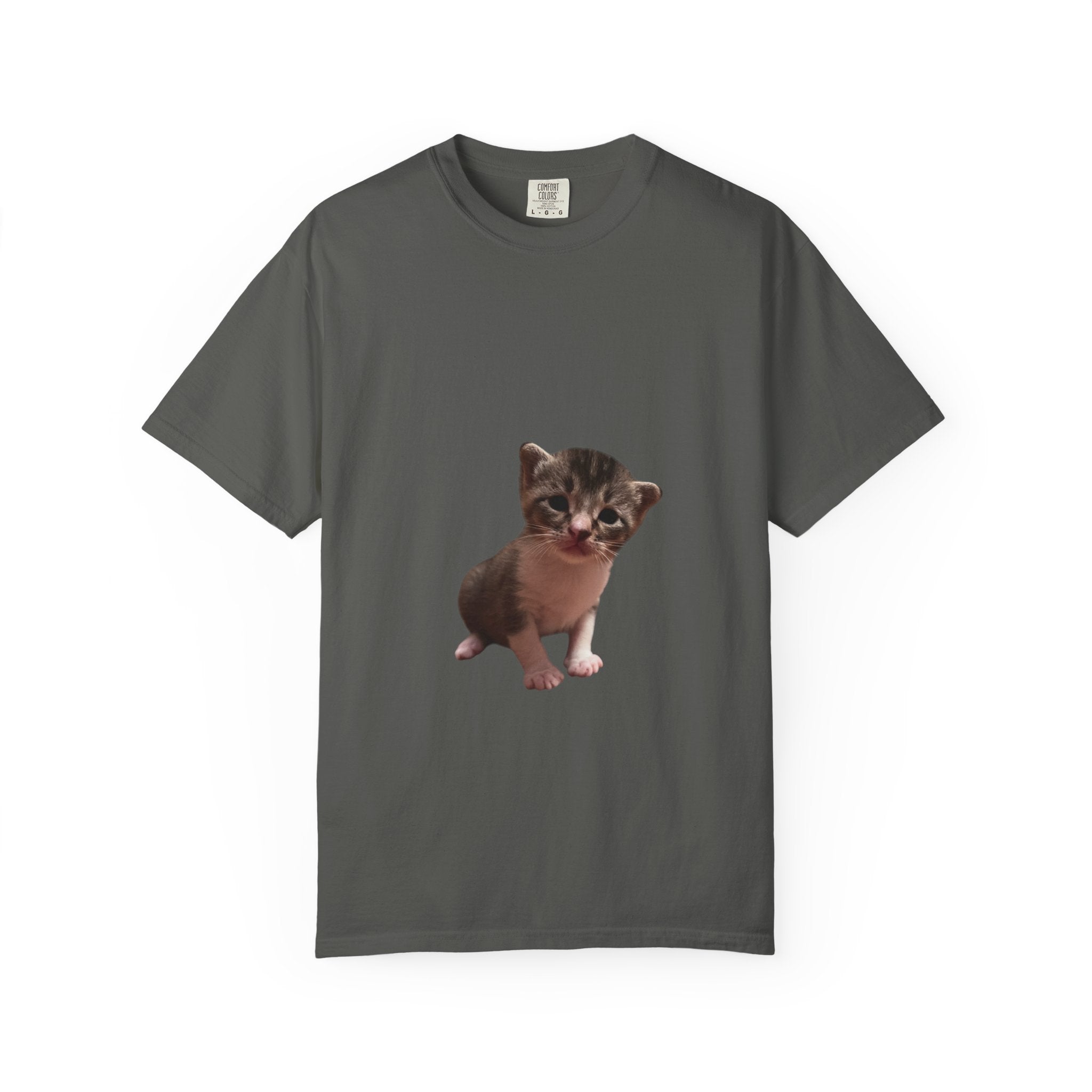 Gray t-shirt with a kitten graphic on a white background