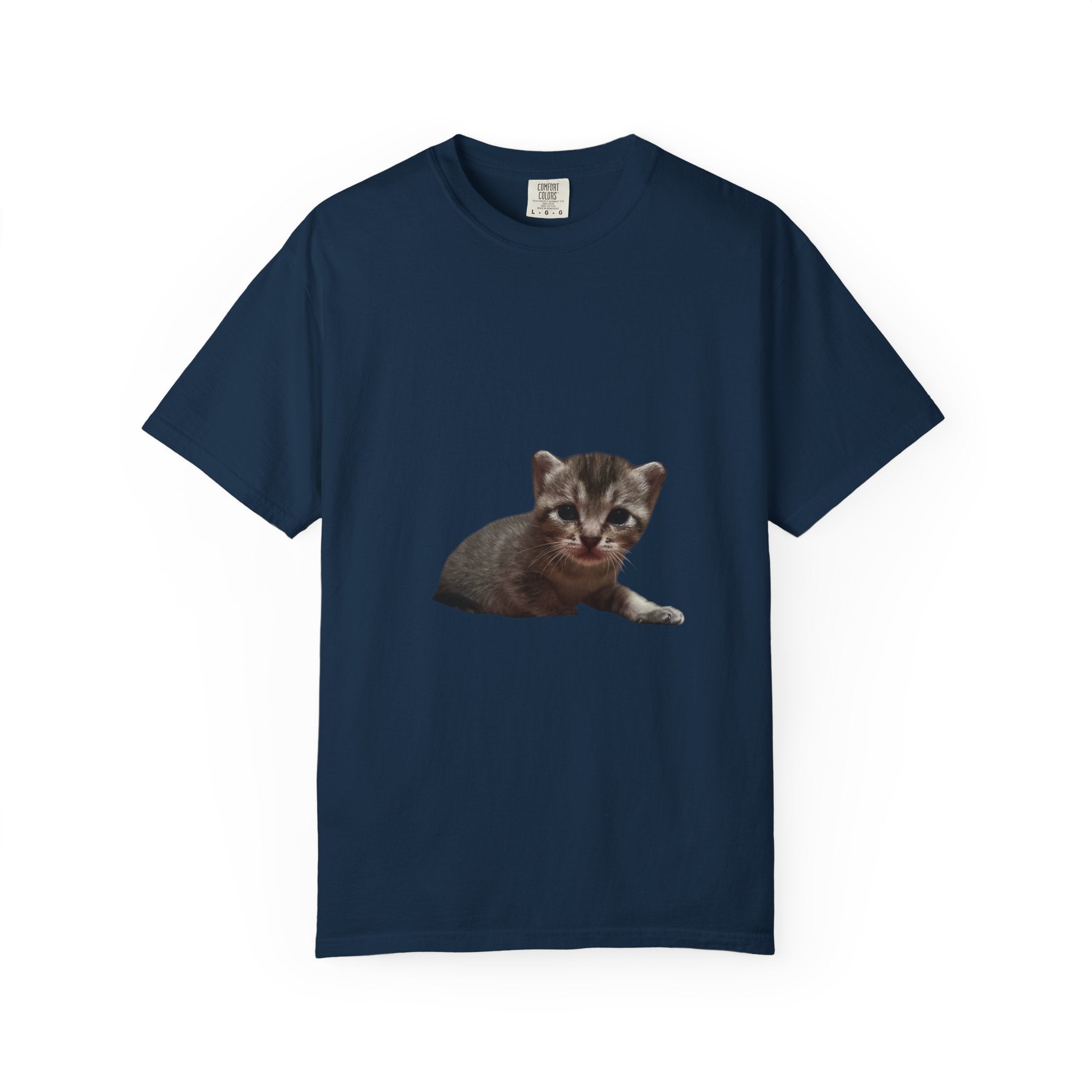 Navy blue t-shirt with a kitten graphic on a white background