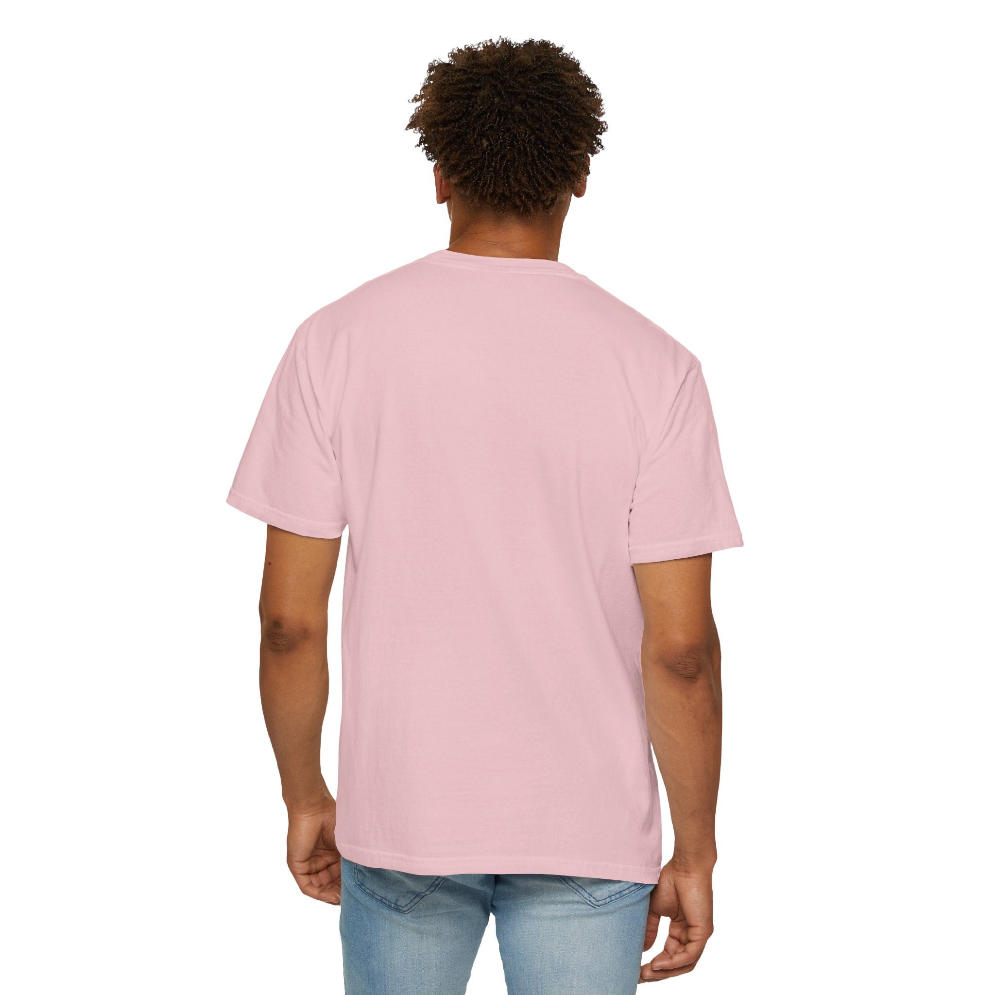 Person wearing a pink t-shirt on a white background