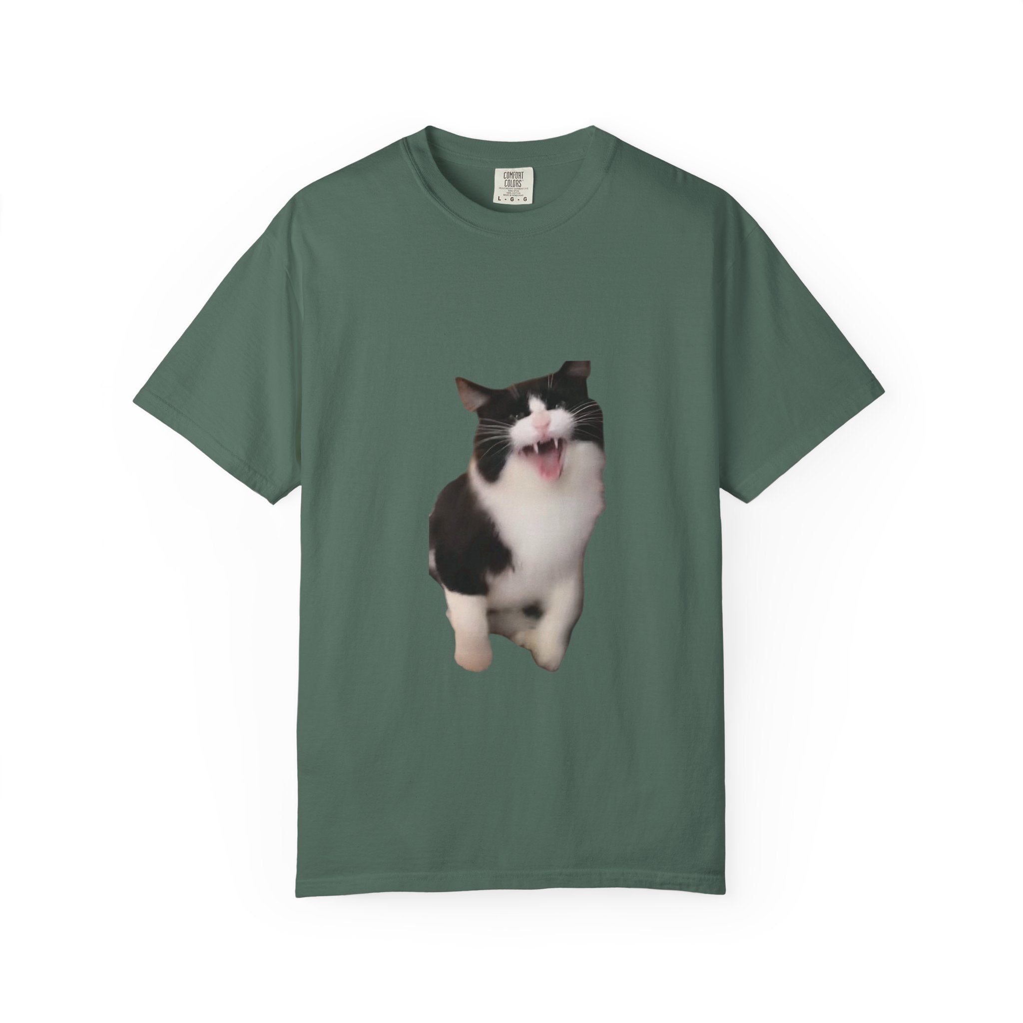 Green t-shirt with a cat print on a white background