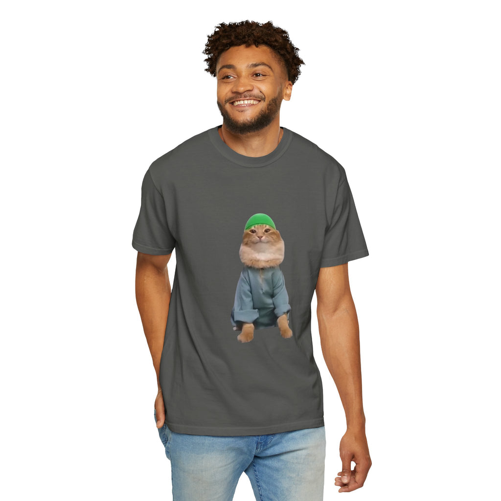 Man wearing a gray t-shirt with a graphic of a small animal in a coat and hat on a white background