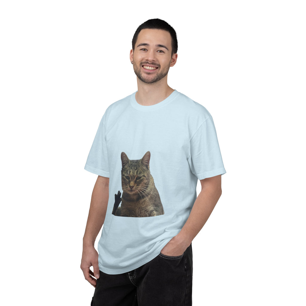 Man wearing a light blue t-shirt with a cat graphic on a white background