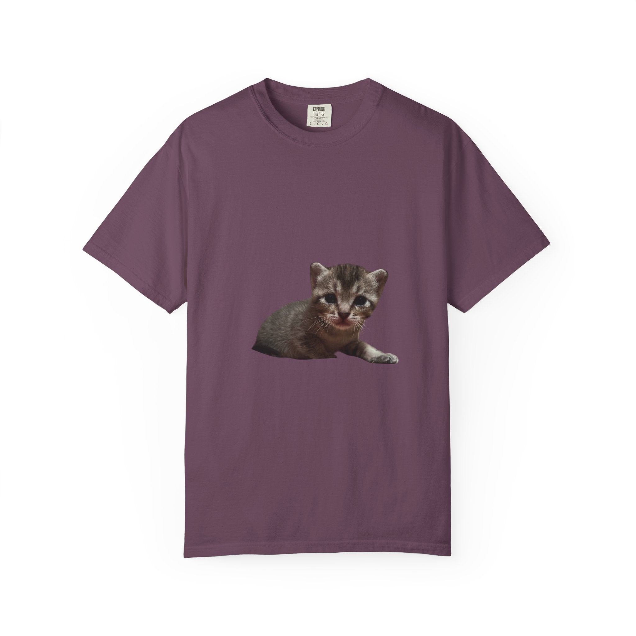 Purple t-shirt with a kitten graphic on a white background