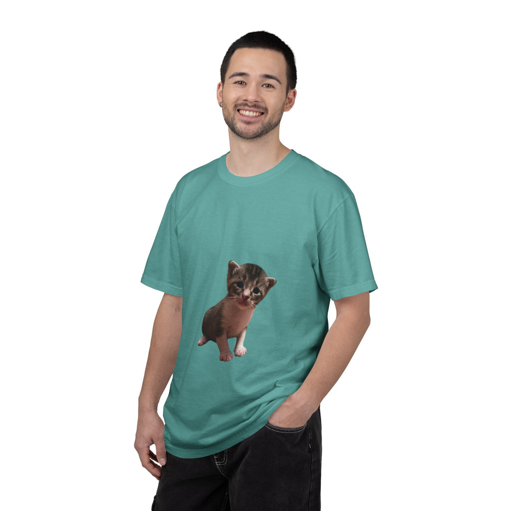 Man wearing a teal t-shirt with a cat graphic on a white background