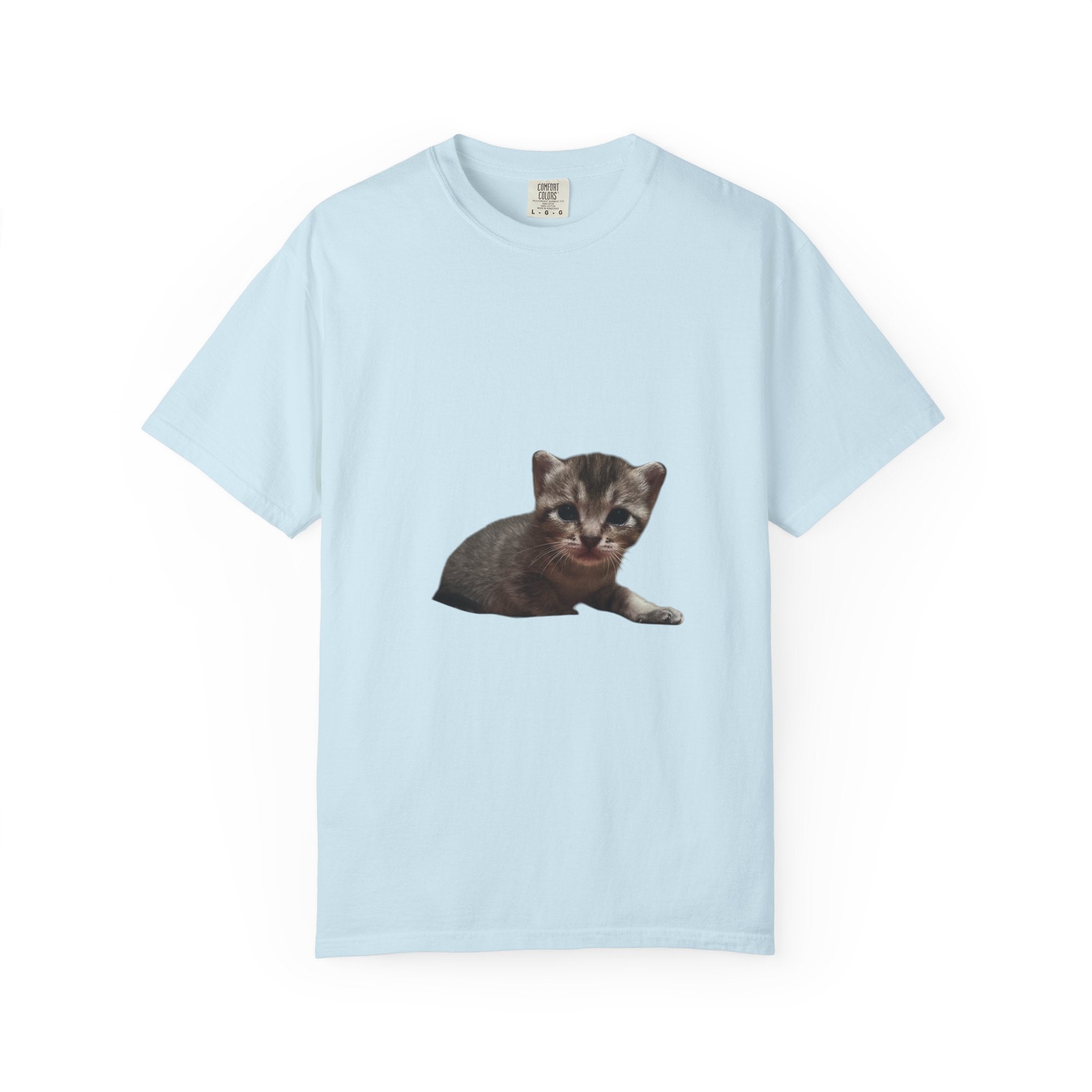 Light blue t-shirt with a kitten graphic on a white background