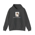 Dark gray hoodie with a cat graphic and 'Good morning Ysera' text on a white background