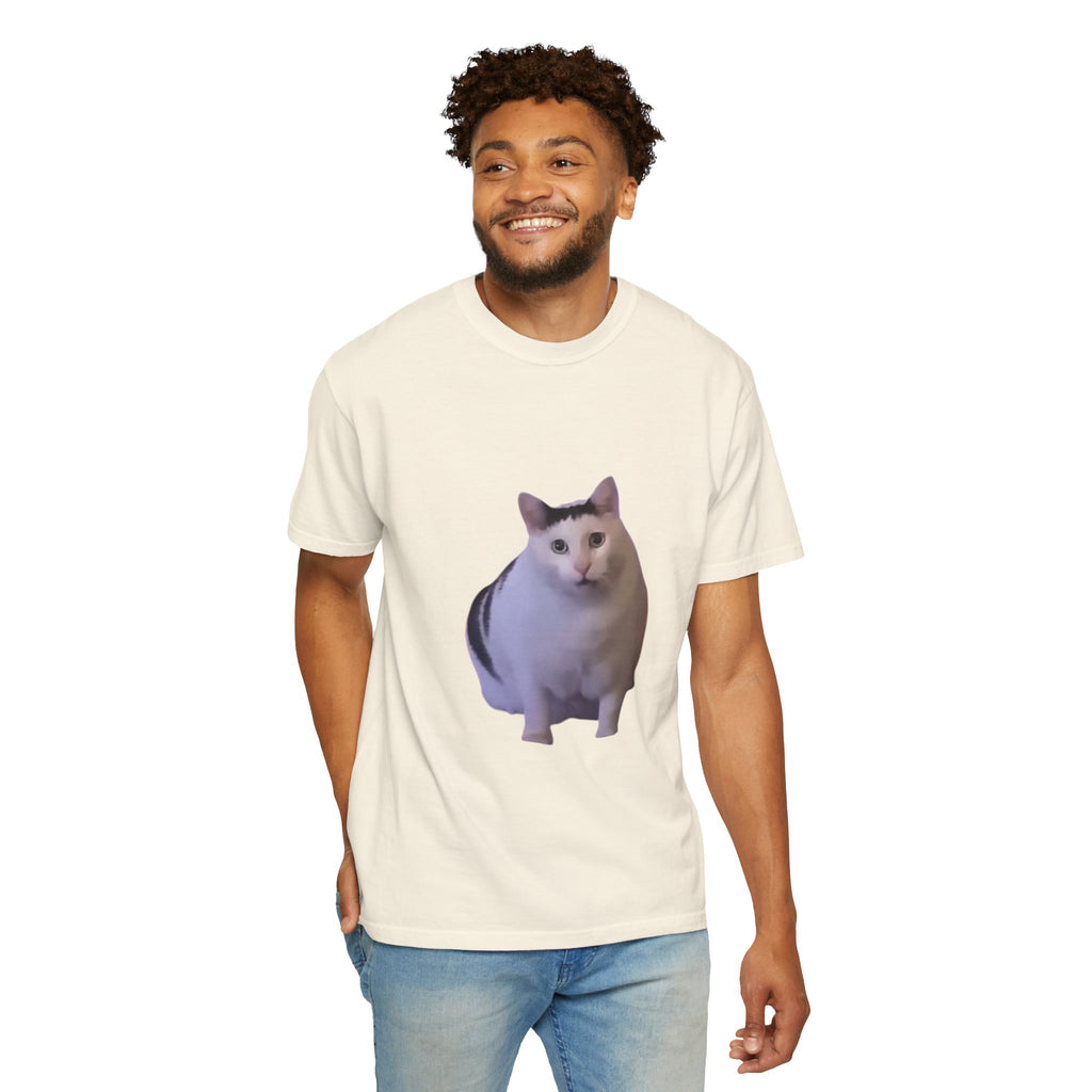 Man wearing a white t-shirt with a cat graphic on a white background