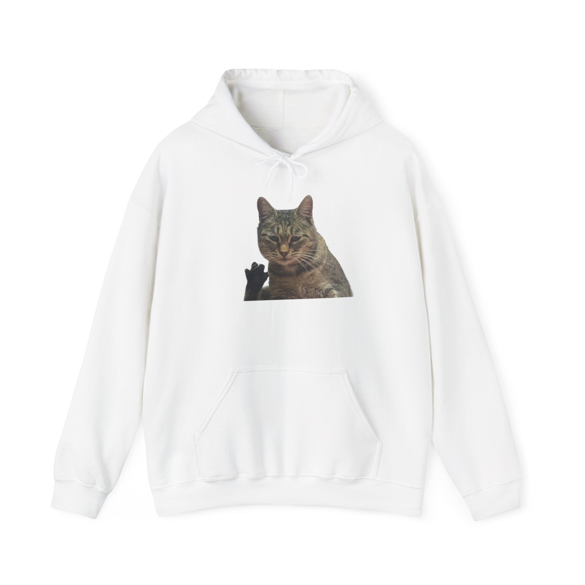 White hoodie with a cat graphic on a white background