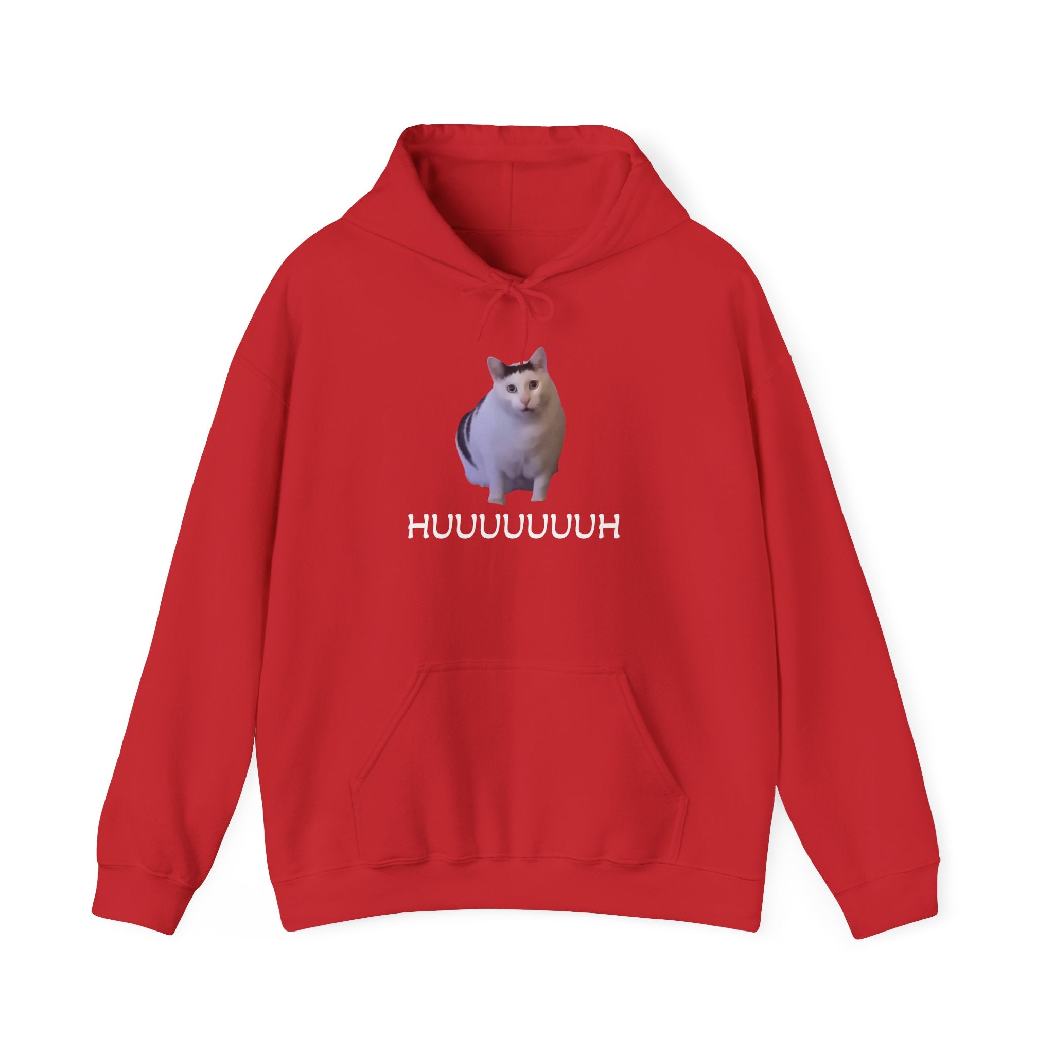 Red hoodie with a cat graphic and text on a white background
