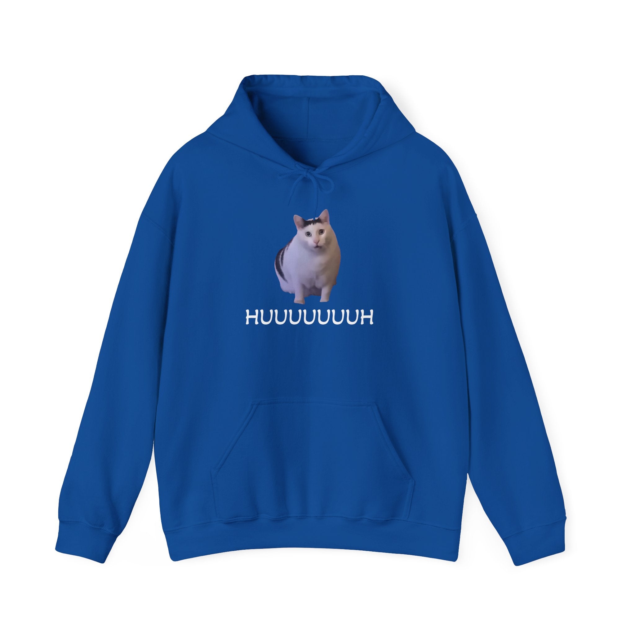 Blue hoodie with a cat graphic and text on a white background
