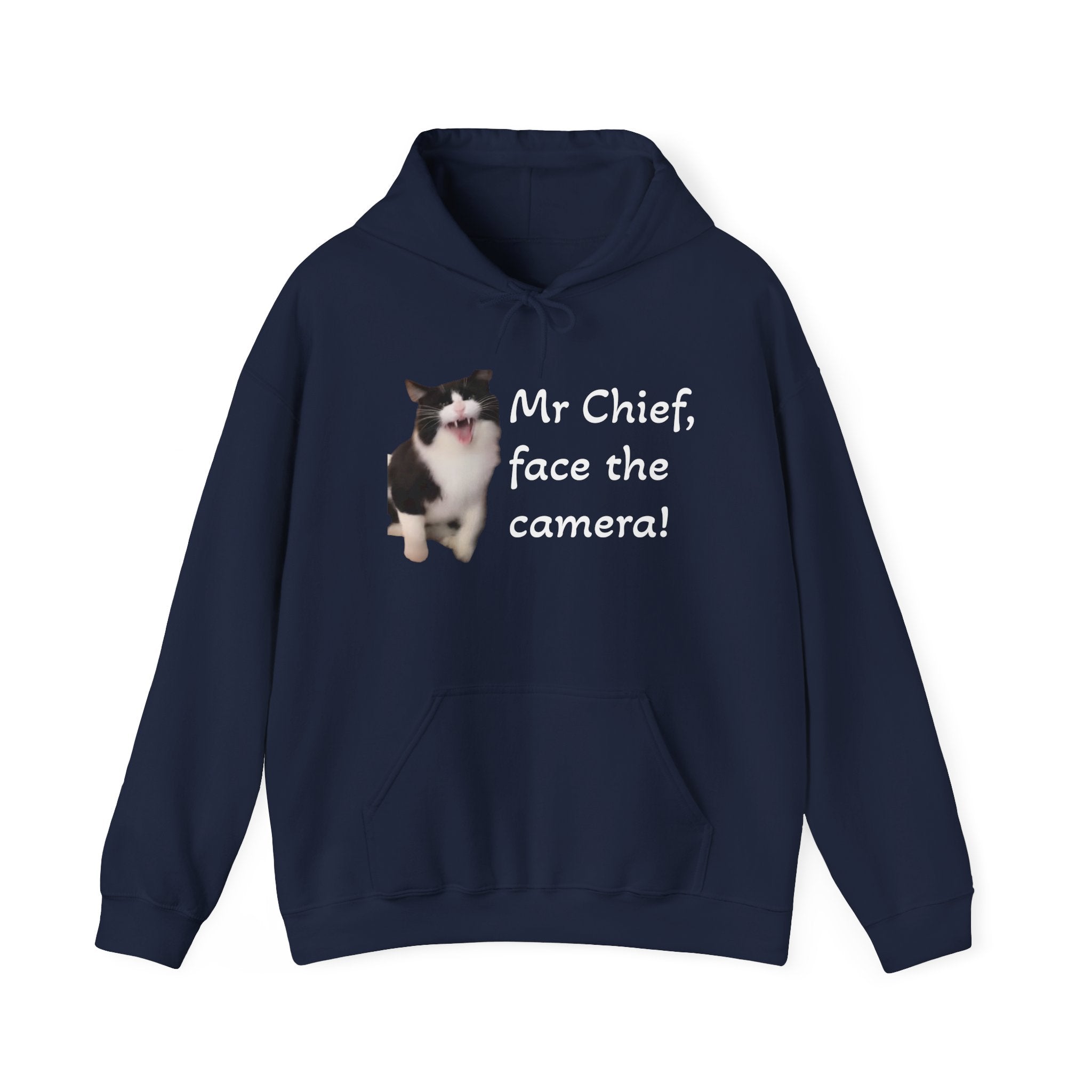 Navy blue hoodie with a cat graphic and text on a white background