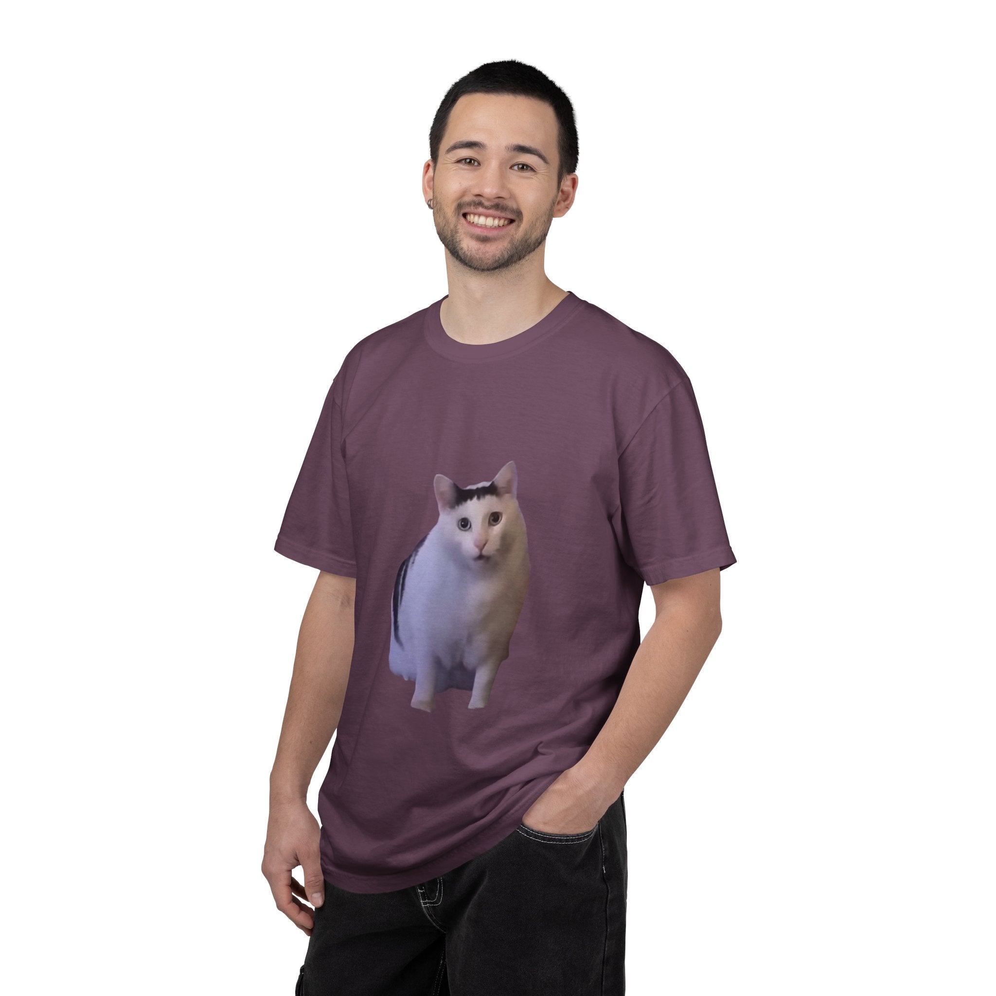 Man wearing a purple t-shirt with a cat graphic on a white background