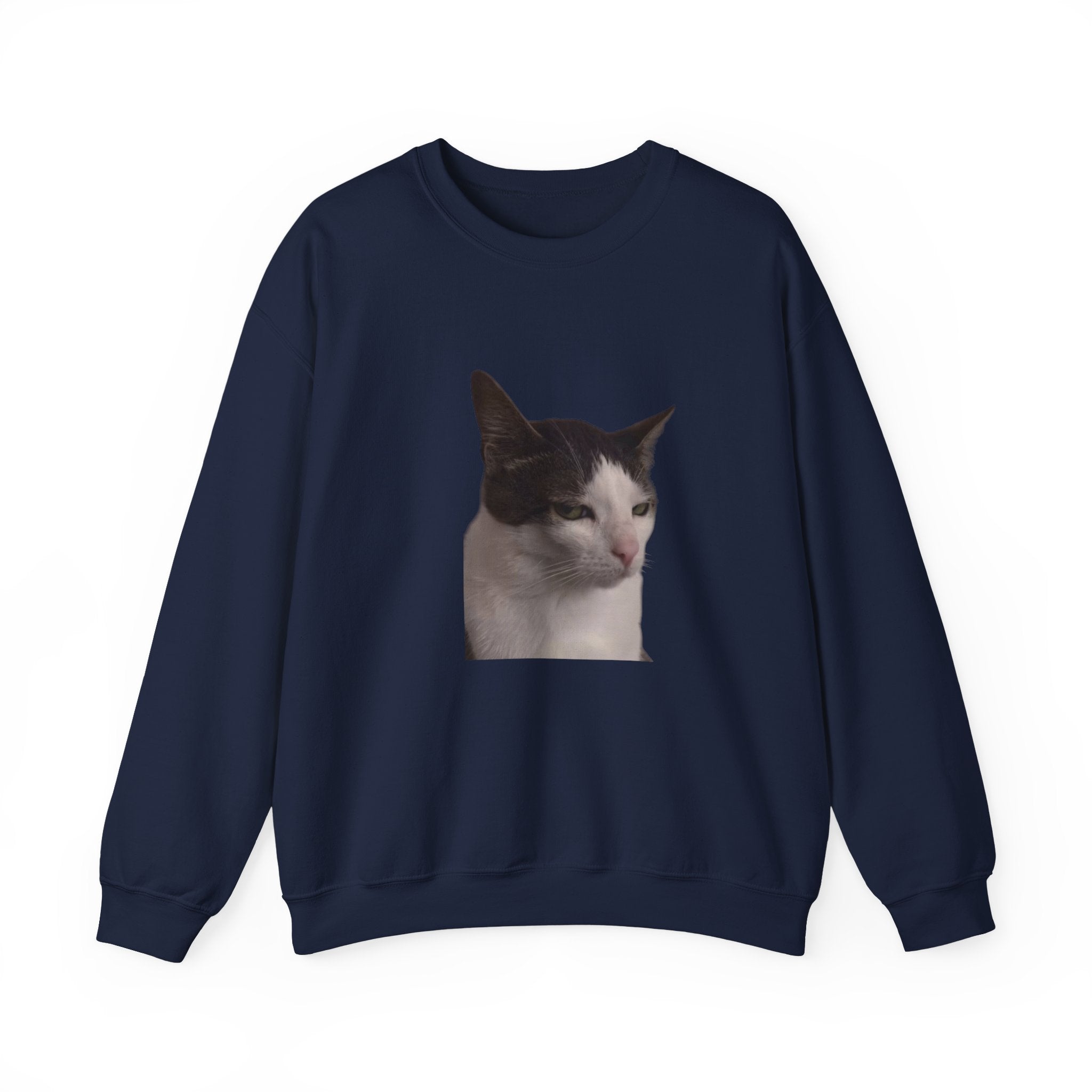 Black sweatshirt with a cat's face printed on the chest against a white background