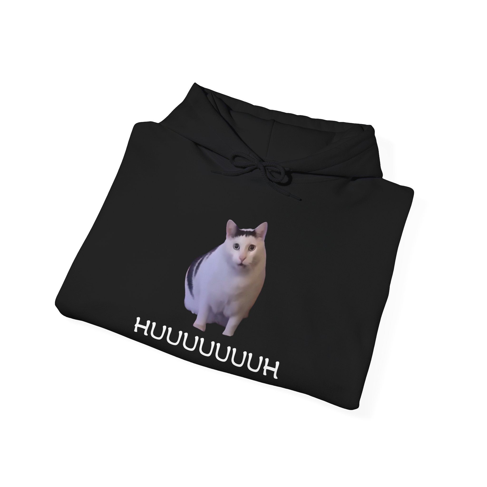 Black hoodie with a white cat graphic and text on a white background