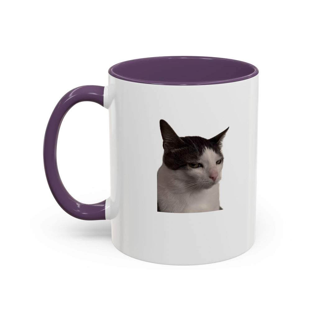 White mug with purple handle and interior, featuring a cat's face on a white background