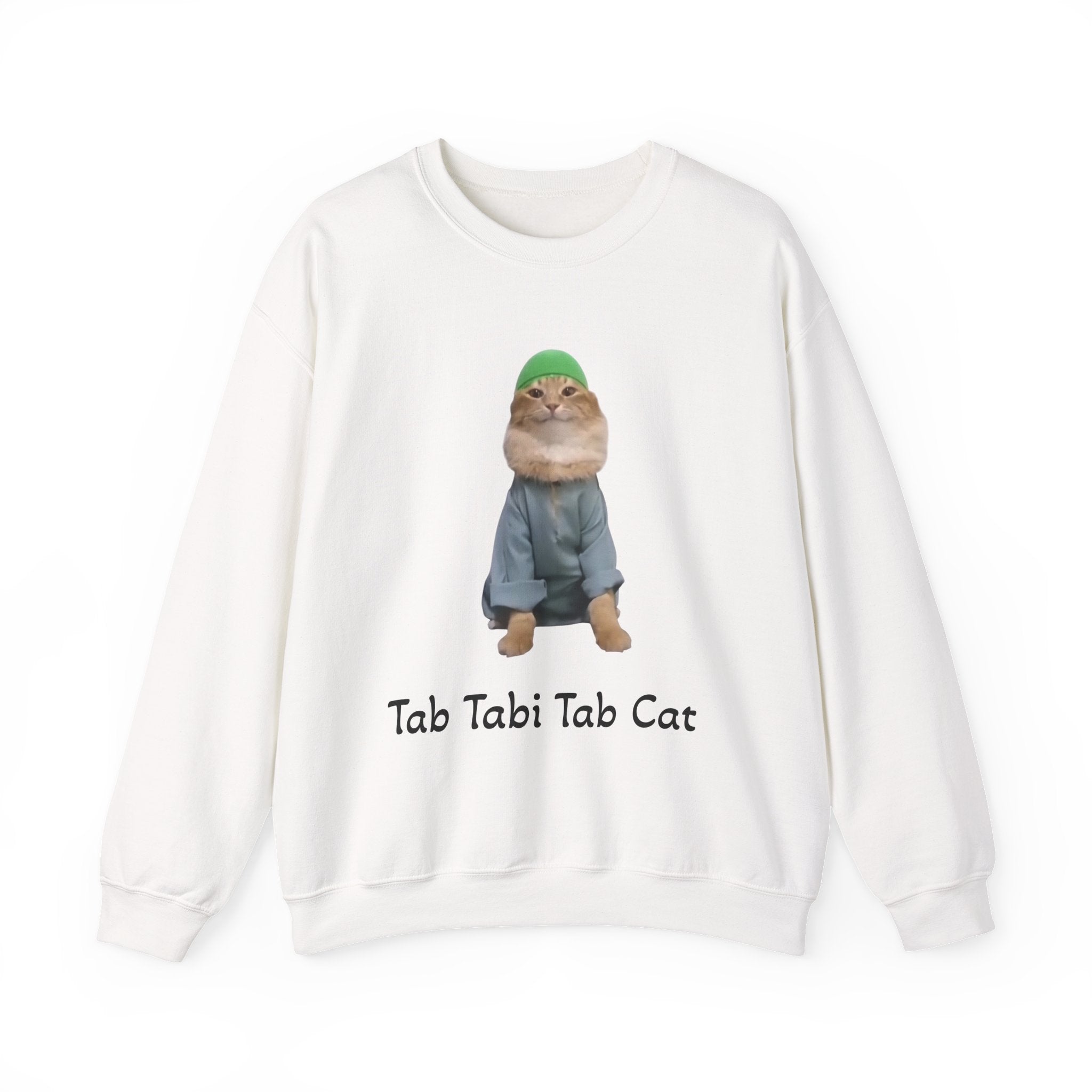 White sweatshirt with a cat graphic and 'Tabi Tabi Tab Cat' text on a white background