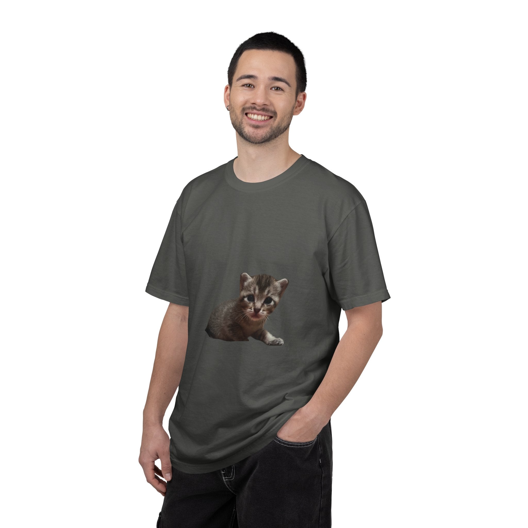 Man wearing a gray t-shirt with a kitten graphic on a white background