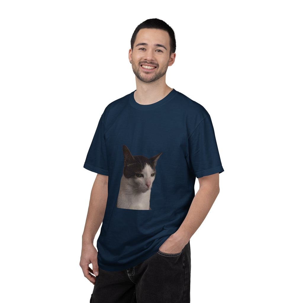 Man wearing a navy blue t-shirt with a cat graphic on a white background