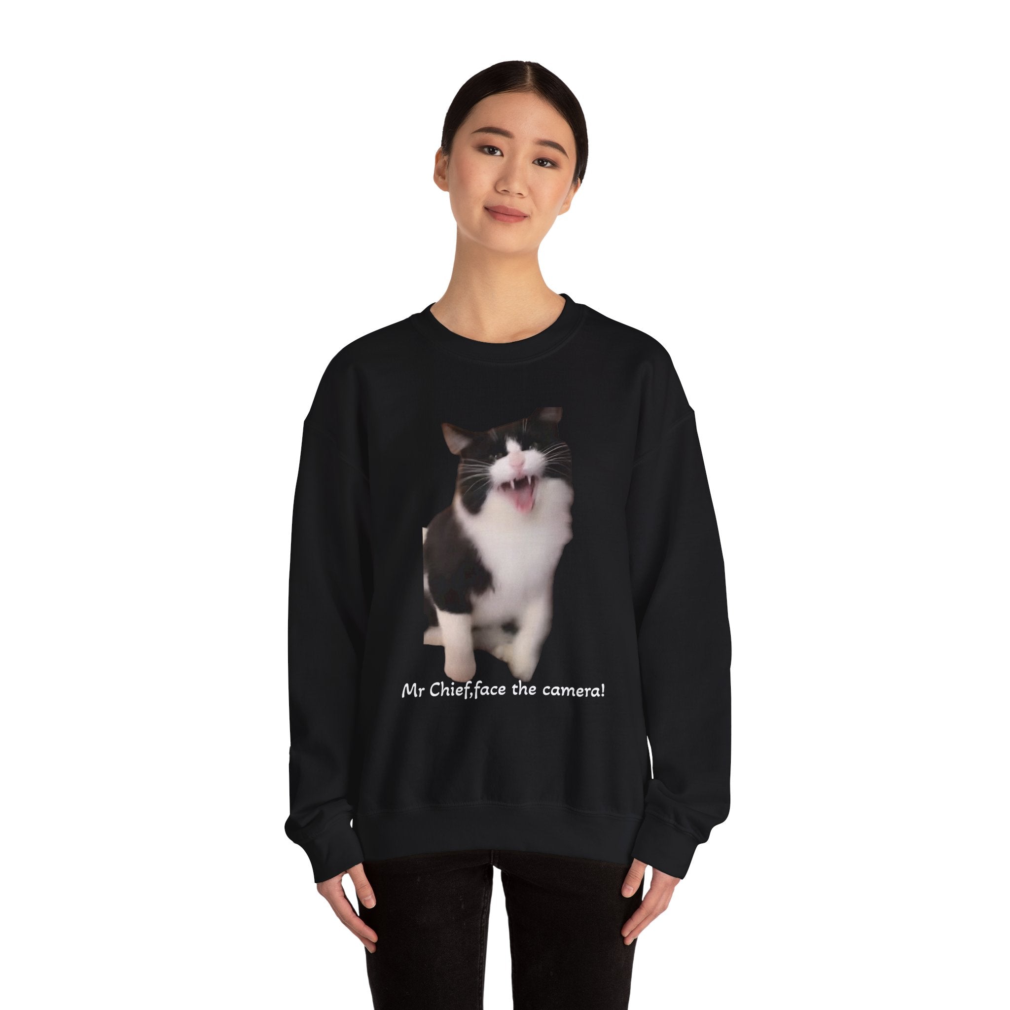Person wearing a black sweatshirt with a cat graphic and text on a white background
