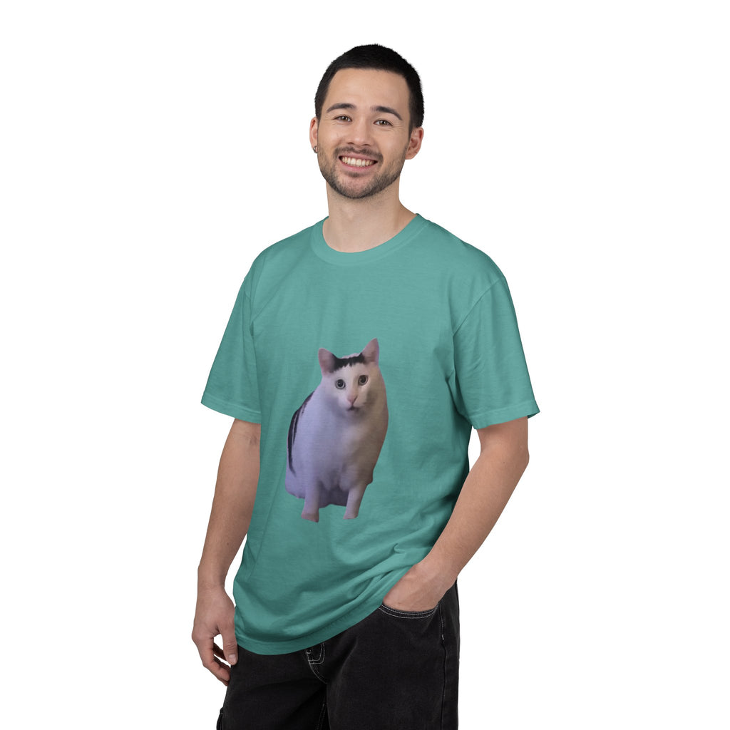 Man wearing a teal t-shirt with a cat graphic on a white background