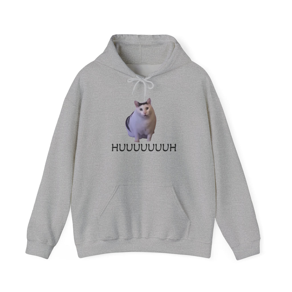 Gray hoodie with a cat graphic and text on a white background