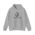 Gray hoodie with a cat graphic and text on a white background
