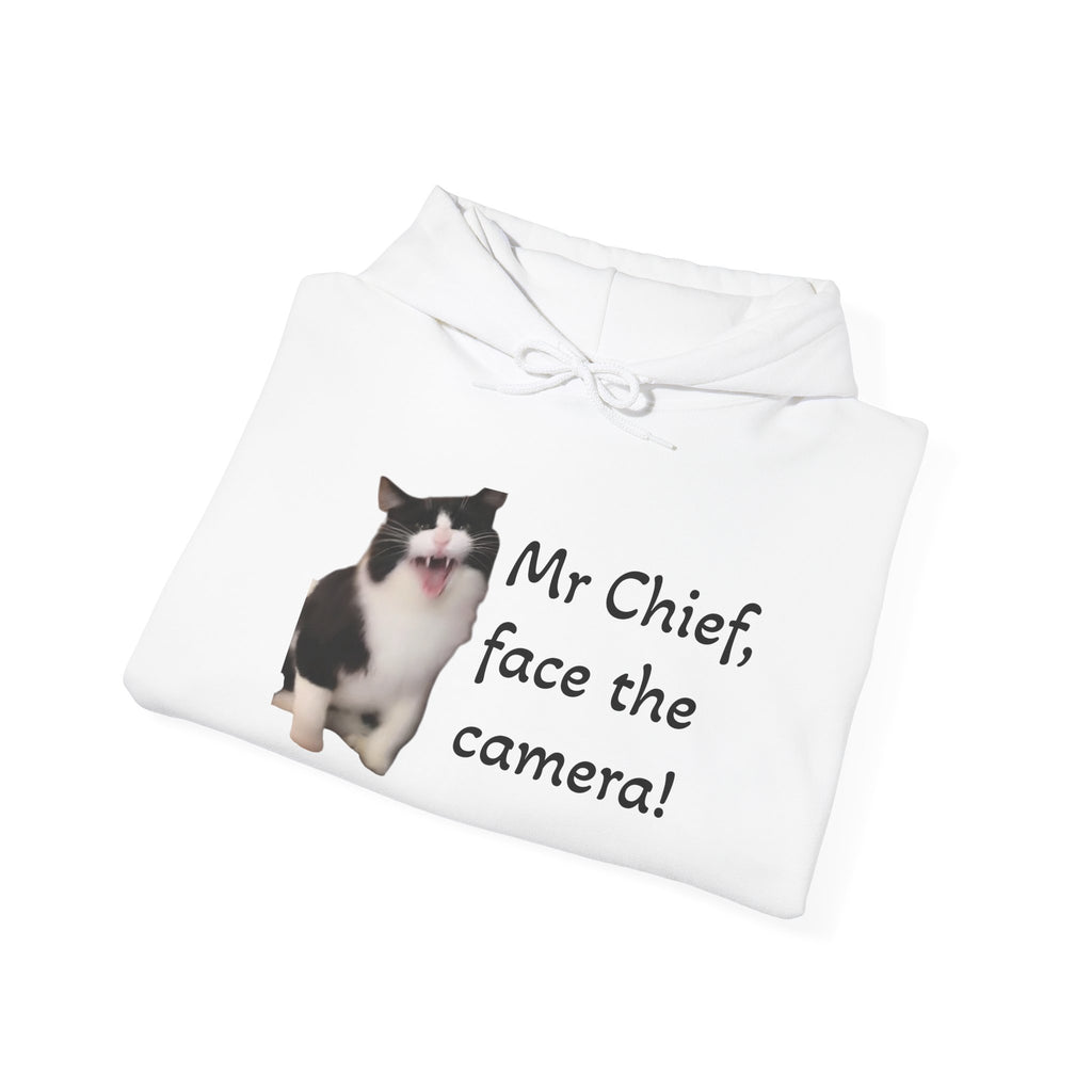 White hoodie with a cat graphic and text on a white background