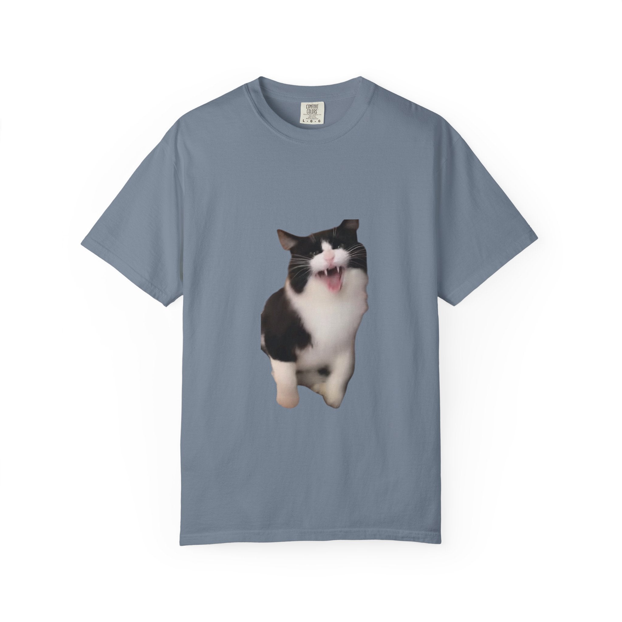 Gray t-shirt with a cat graphic on a white background