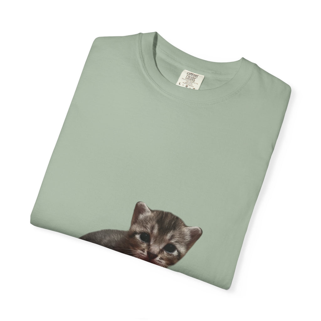 Folded green t-shirt with a kitten print on a white background