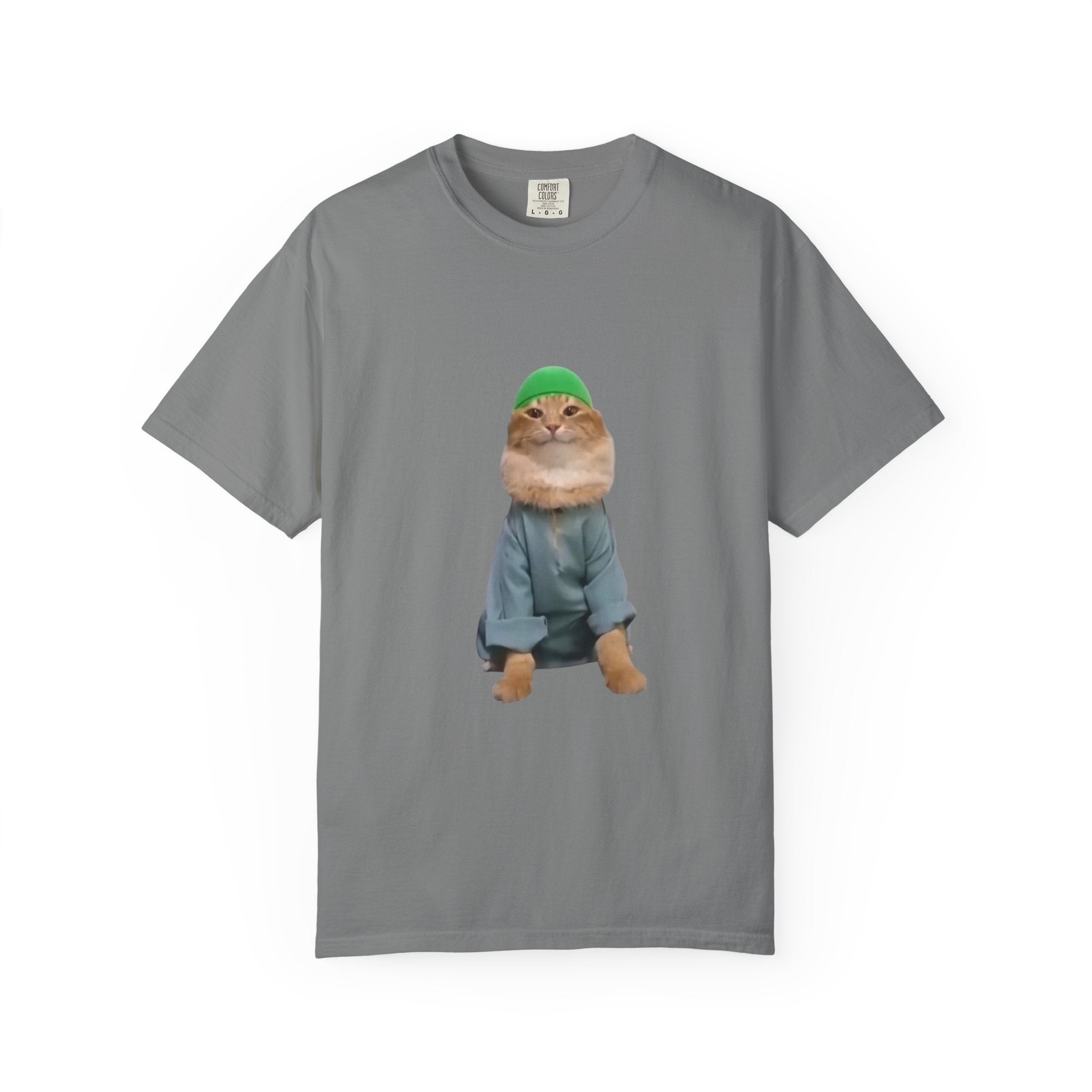 Gray t-shirt with a graphic of a cat wearing a green hat and blue outfit on a white background