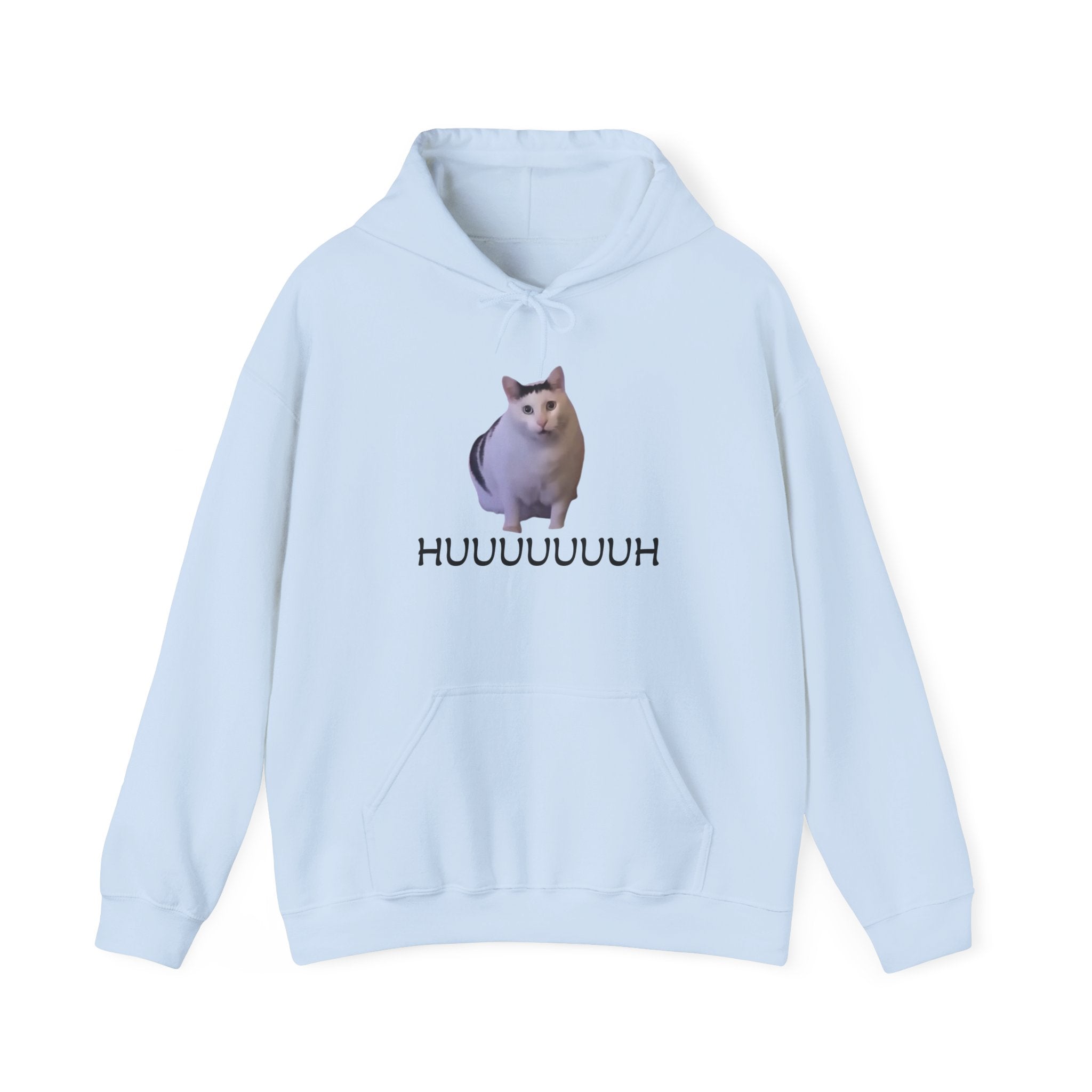 Light blue hoodie with a cat graphic and text on a white background