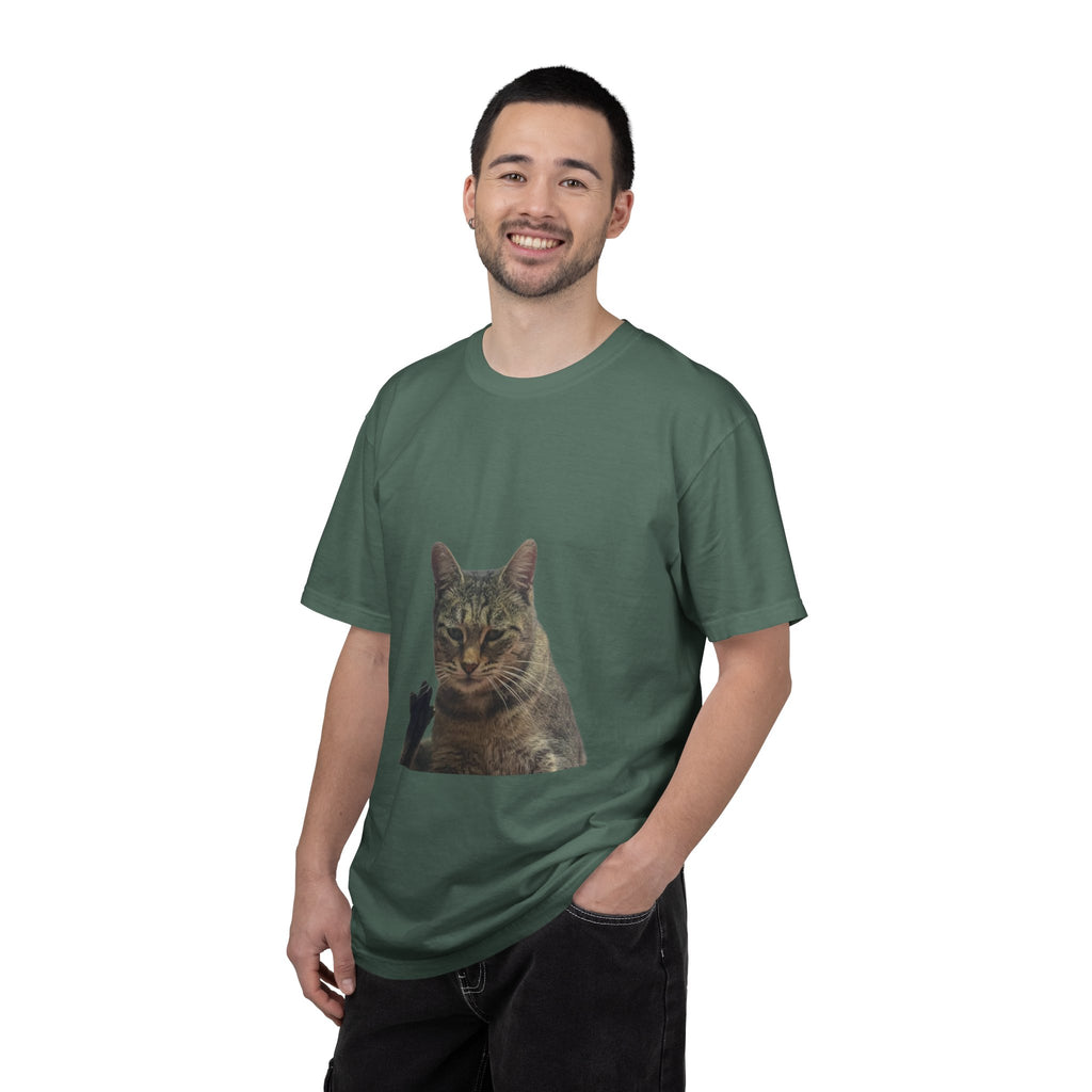 Man wearing a green t-shirt with a cat print on a white background