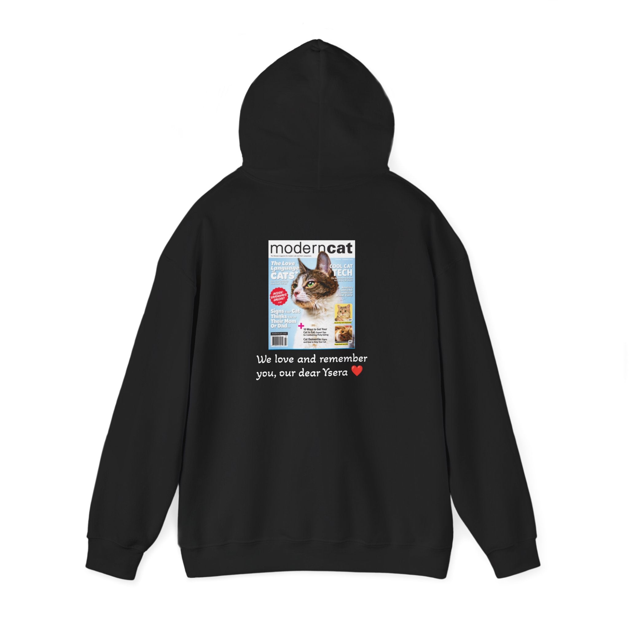 Black hoodie with a magazine cover design on the back featuring a cat and text.