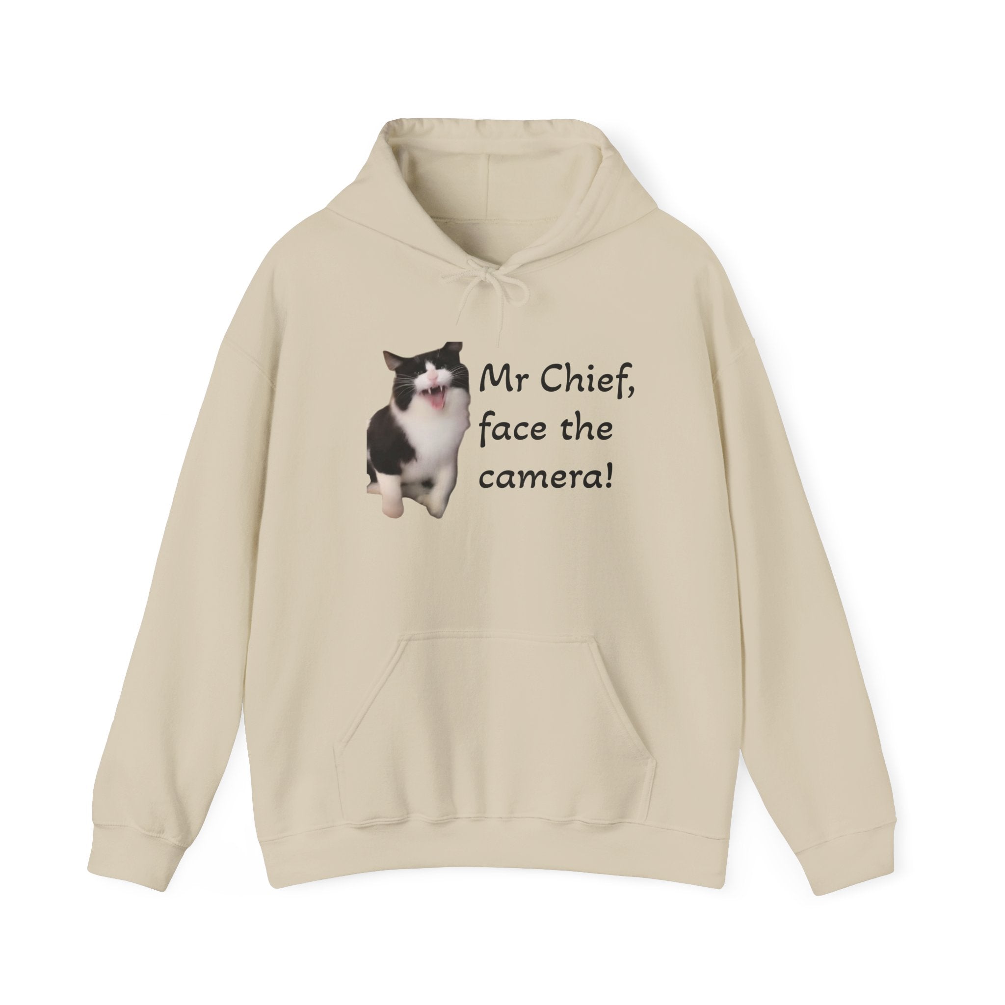 Beige hoodie with a dog graphic and text on a white background