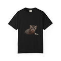 Black t-shirt with a kitten graphic on a white background