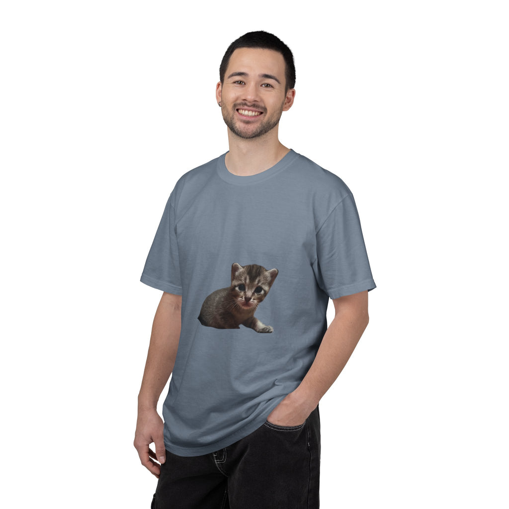 Man wearing a gray t-shirt with a kitten graphic on a white background