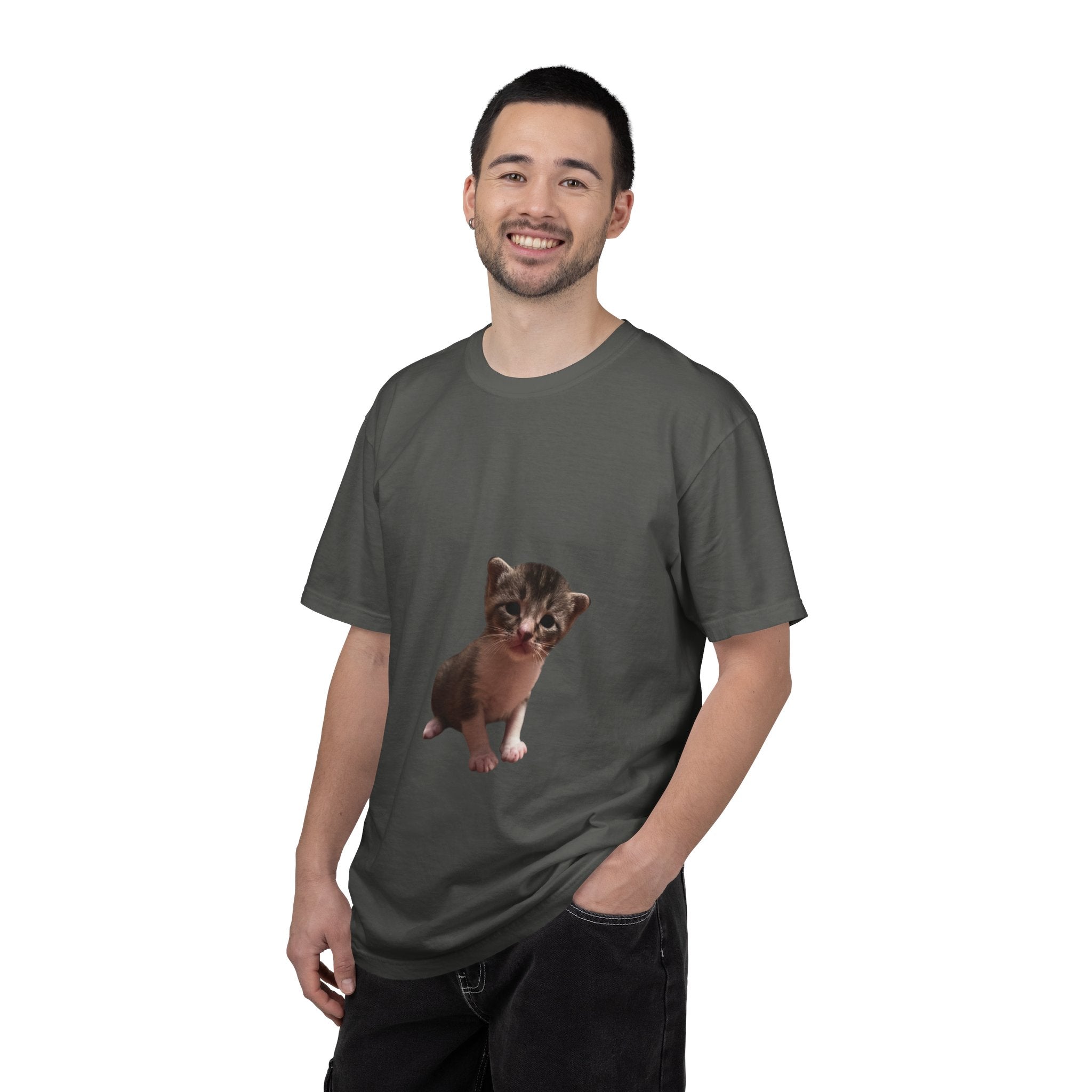 Man wearing a gray t-shirt with a graphic of a raccoon on a white background