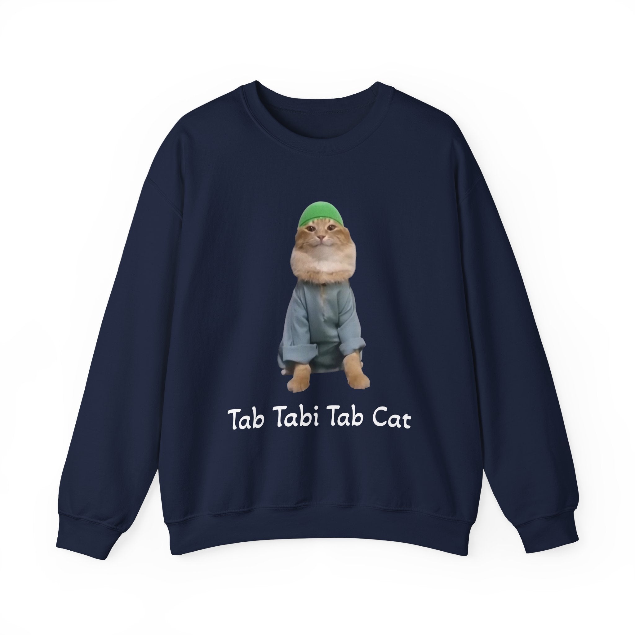Navy blue sweatshirt with a cat graphic and 'Tab Tabi Tab Cat' text on a white background
