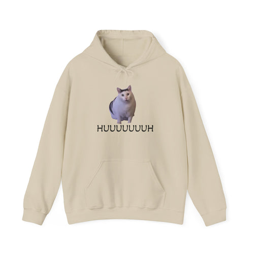 Beige hoodie with a cat graphic and text on a white background