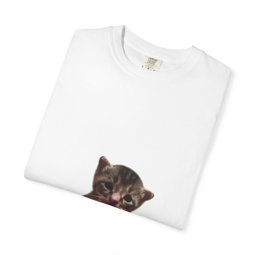 White t-shirt with a cat face print on a white background