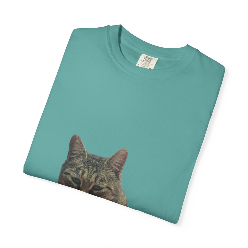 Teal t-shirt with a cat's face printed on it, folded on a white background