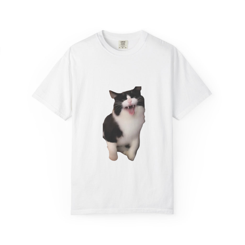 White t-shirt with a black and white cat graphic on a white background