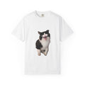 White t-shirt with a black and white cat graphic on a white background