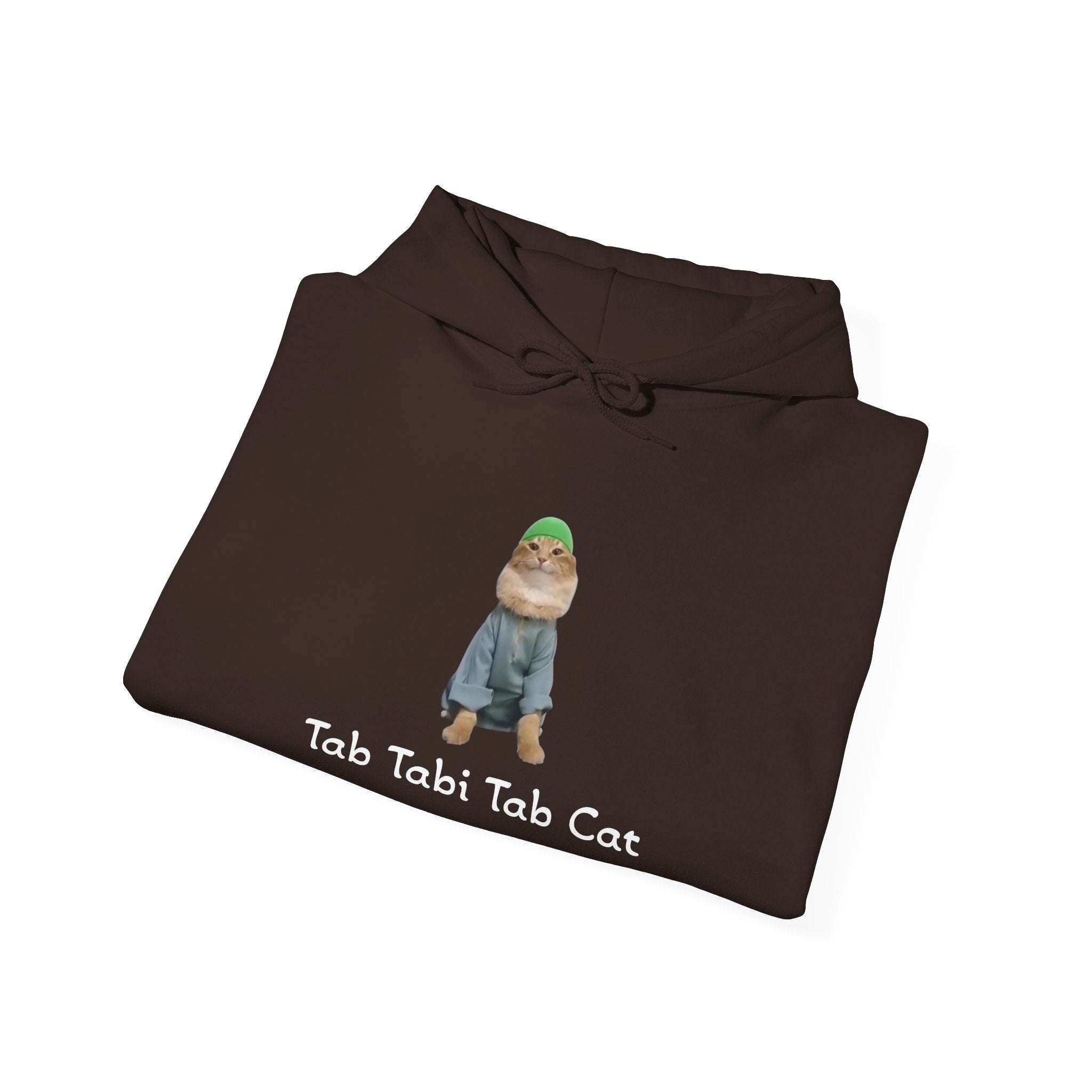 Folded brown hoodie with a cat graphic and text on a white background