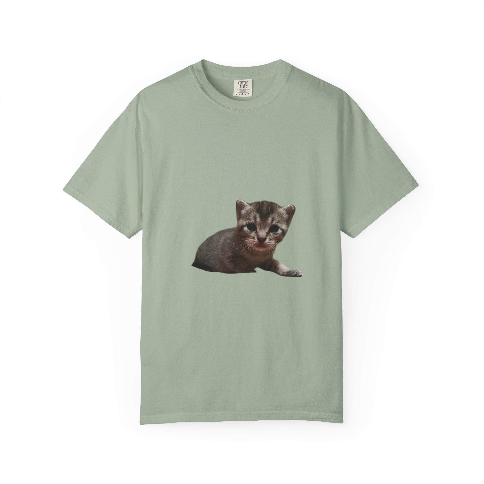 Mint green t-shirt with a kitten graphic on a white background